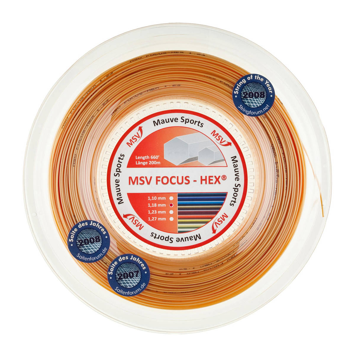 Bobine de cordage de tennis msv focus hex 1 18mm dore