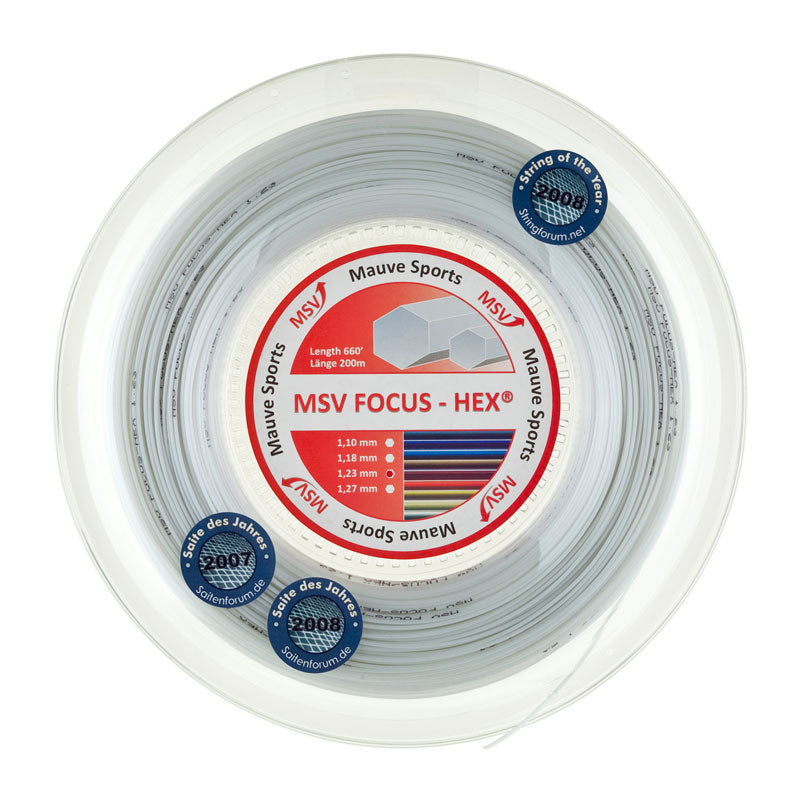 Bobine de cordage de tennis msv focus hex 1 23mm blanc