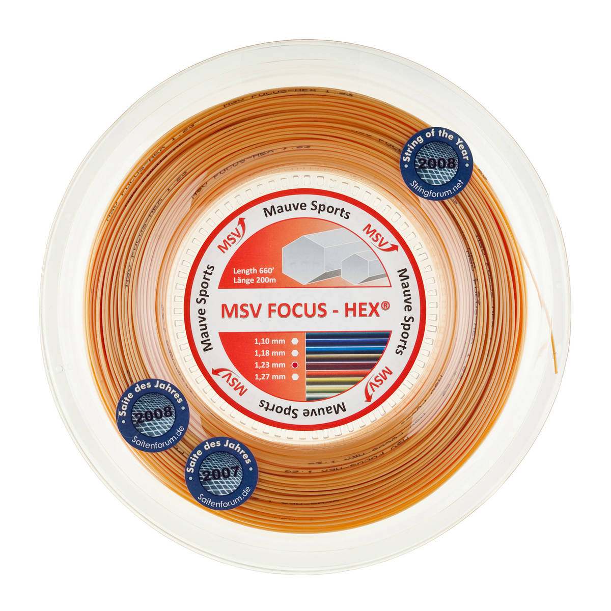 Bobine de cordage de tennis msv focus hex 1 23mm dore