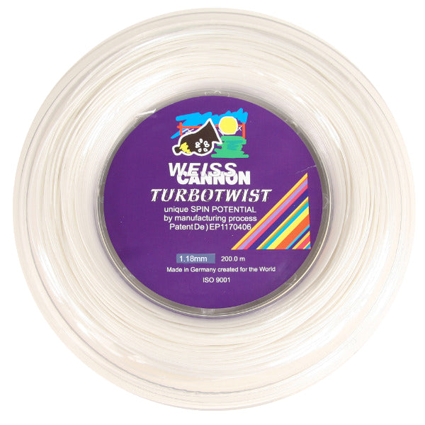 Bobine de cordage de tennis weiss cannon turbo twist 1 18mm blanc