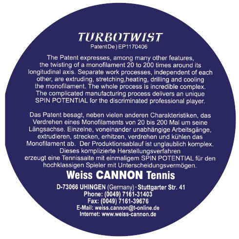 Informations sur le cordage de tennis weiss cannon turbo twist