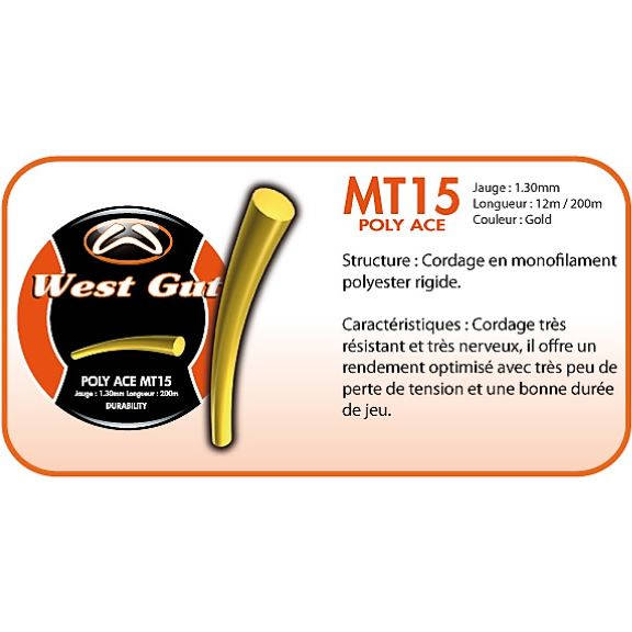 Cordage de tennis west gut mt15 poly ace 1 30mm gris caracteristiques