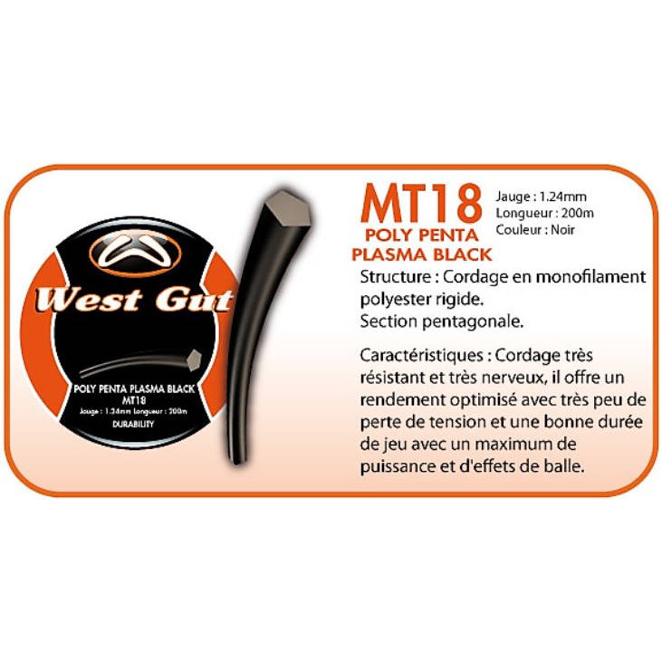 Cordage de tennis west gut mt18 poly penta plasma jauge 1 24mm 12m noir caracteristiques
