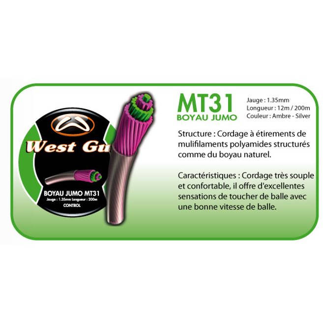 Caractéristiques du cordage de tennis west gut mt31 boyau jumo 1 35mm naturel